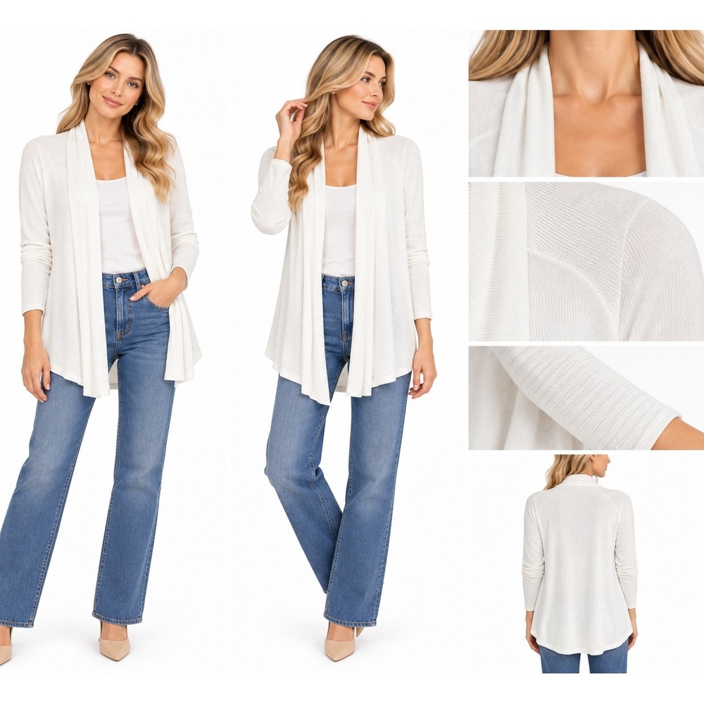Omgirl S Cardigan White Open Front Ribbed Knit Draped Shawl Coastal Quiet Luxury